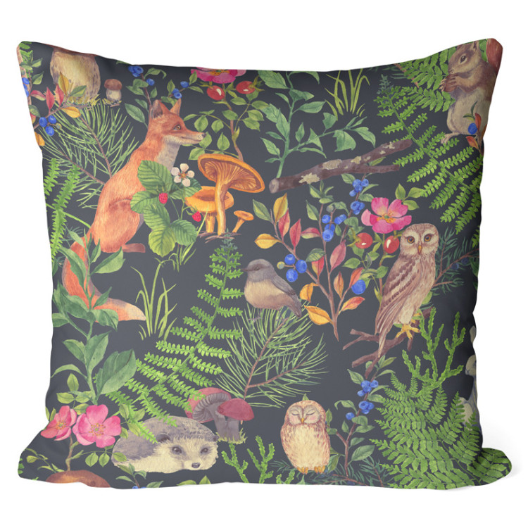 Decorative Microfiber Pillow Good neighbourhood - forest flora and fauna motif on black background cushions 146909