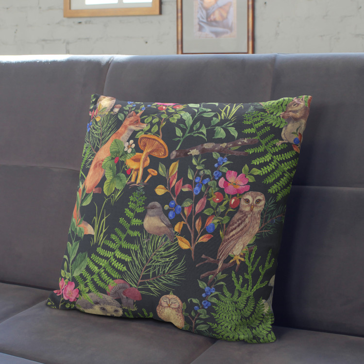 Decorative Microfiber Pillow Good neighbourhood - forest flora and fauna motif on black background cushions 146909 additionalImage 3