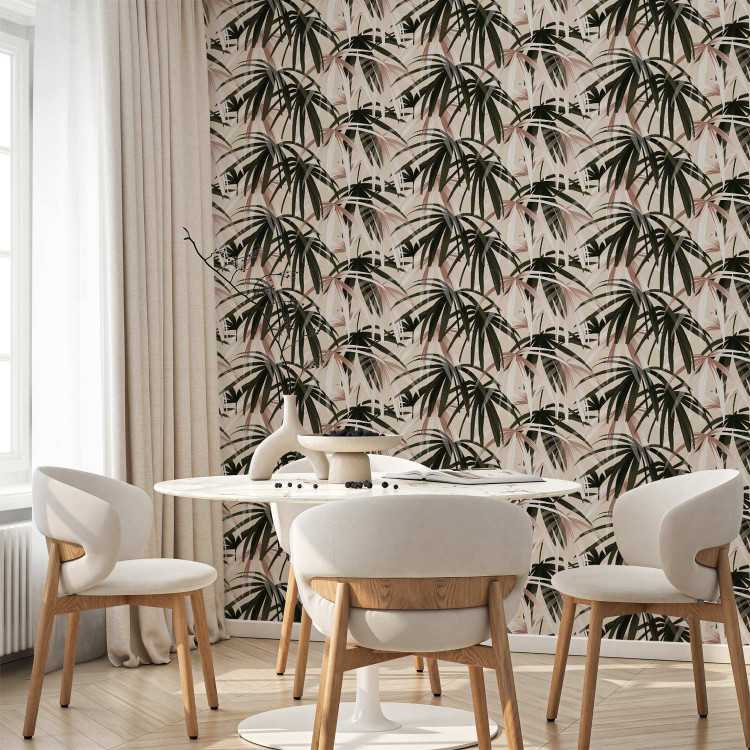 Modern Wallpaper Nature Pattern - Dark Green Palm Leaves on a Beige Background 149909
