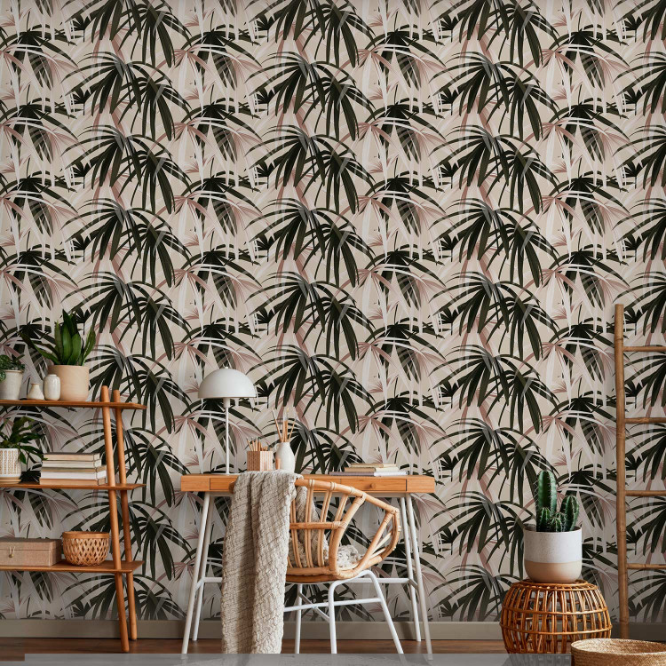 Modern Wallpaper Nature Pattern - Dark Green Palm Leaves on a Beige Background 149909 additionalImage 5