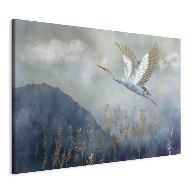 Canvas A Heron in Flight - A Bird Flying Against the Background of Dark Blue Mountains Covered With Fog 151209 additionalImage 2