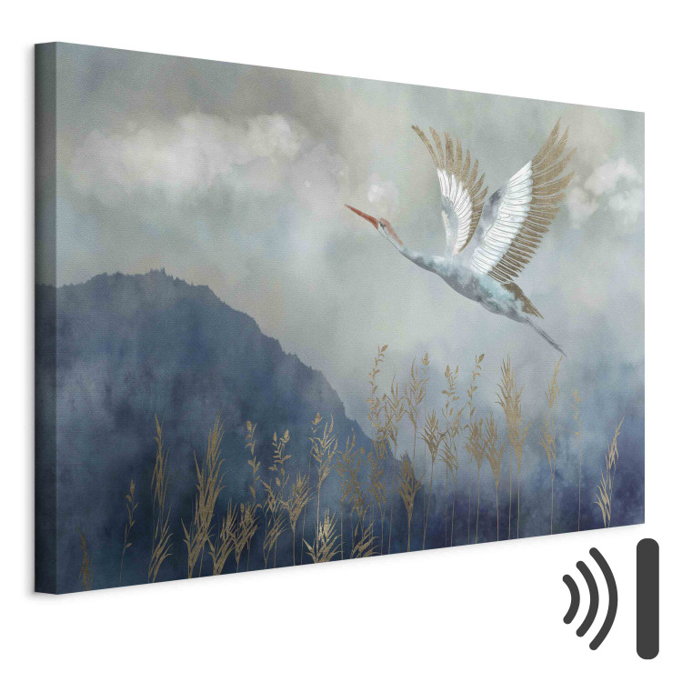 Canvas A Heron in Flight - A Bird Flying Against the Background of Dark Blue Mountains Covered With Fog 151209 additionalImage 8