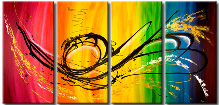 Canvas Art Print Rainbow (4-piece) - Abstraction with a black pattern on a colourful background 48409