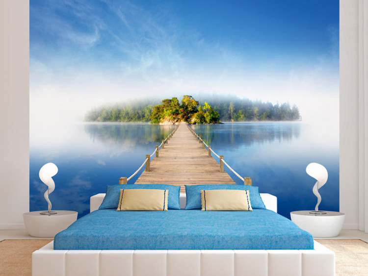 Photo Wallpaper One Bridge - Serene Landscape of an Island surrounded by the Blue of the Sea and Sky 61609