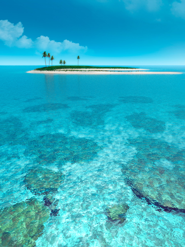 Photo Wallpaper Blue Landscape - Deserted island with palm trees against a turquoise ocean 61709