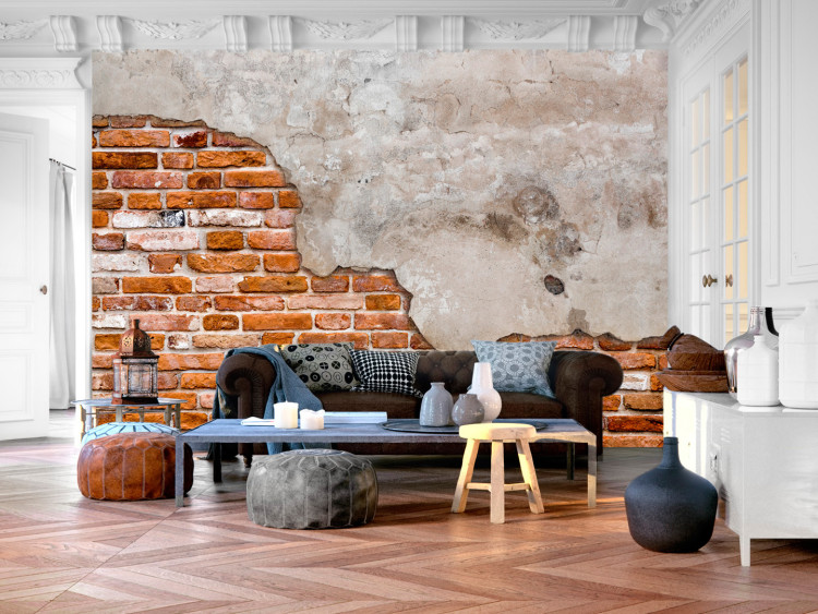 Wall Mural Eclectic masonry - slabs of textured concrete on a background of red bricks 92009