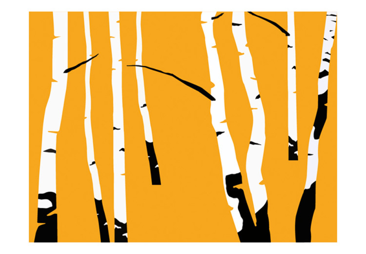 Wall Mural Birch forest - black and white tree trunks on an orange coloured background 96609 additionalImage 1
