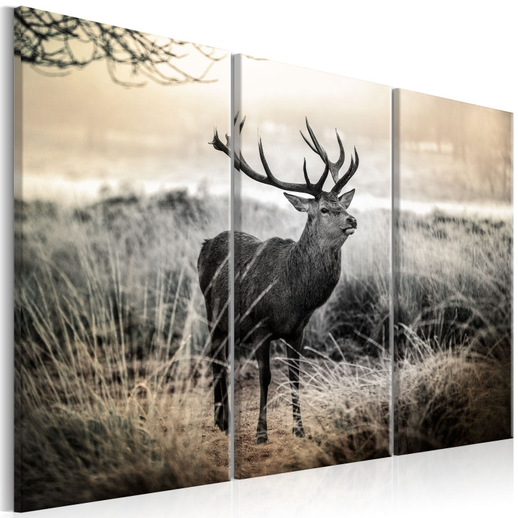 Canvas Horns of Dread I (3-piece) - Landscape in Beige Tone with Deer in Field 106119 additionalImage 2