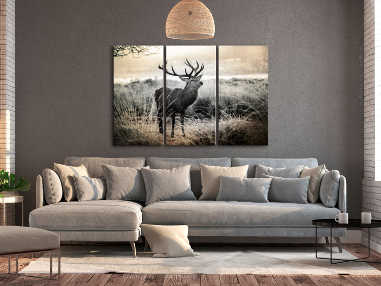 Canvas Horns of Dread I (3-piece) - Landscape in Beige Tone with Deer in Field 106119 additionalImage 3