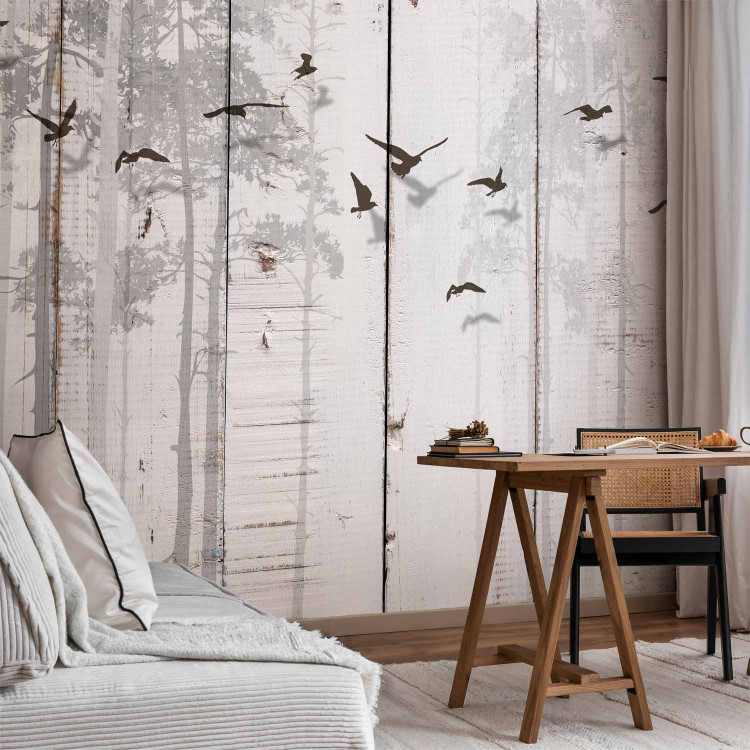 Photo Wallpaper Minimalist motif - black birds on a white background with wood texture 106619 additionalImage 4