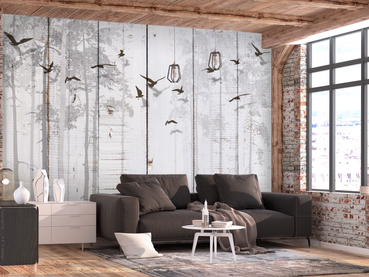 Photo Wallpaper Minimalist motif - black birds on a white background with wood texture 106619