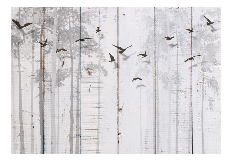Photo Wallpaper Minimalist motif - black birds on a white background with wood texture 106619 additionalImage 1