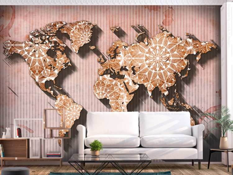 Photo Wallpaper Map with fragments of white mandala - composition on brown background 125119