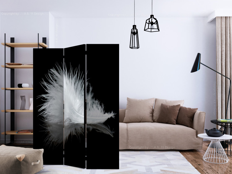 Room Divider Screen White Feather (3-piece) - white bird feather on a black background 132619 additionalImage 4
