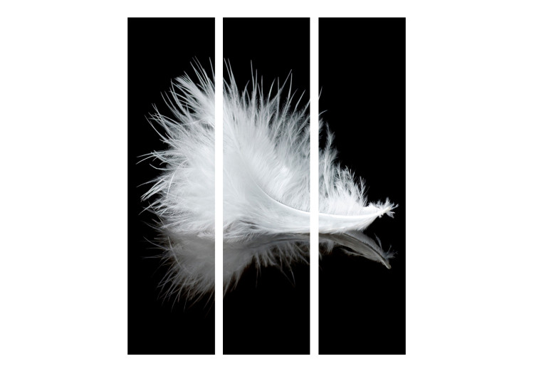 Room Divider Screen White Feather (3-piece) - white bird feather on a black background 132619 additionalImage 3