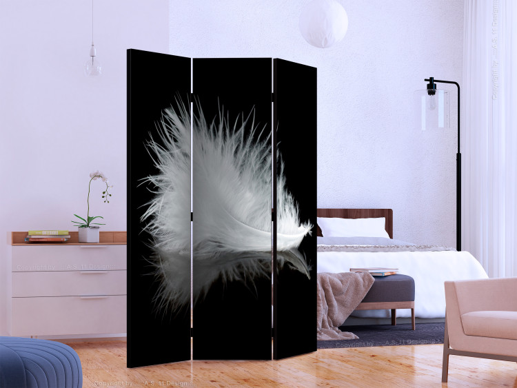 Room Divider Screen White Feather (3-piece) - white bird feather on a black background 132619 additionalImage 2