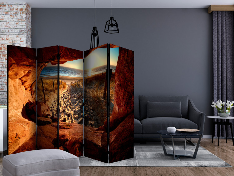 Folding Screen Cave: Beautiful Beach II (5-piece) - view from rocks to sea 132919 additionalImage 4