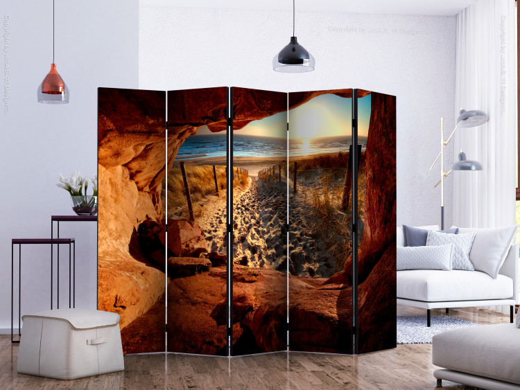 Folding Screen Cave: Beautiful Beach II (5-piece) - view from rocks to sea 132919 additionalImage 2