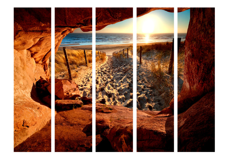 Folding Screen Cave: Beautiful Beach II (5-piece) - view from rocks to sea 132919 additionalImage 3