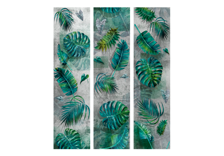 Folding Screen Modernist Jungle (3-piece) - green leaves on a gray background 134319 additionalImage 3