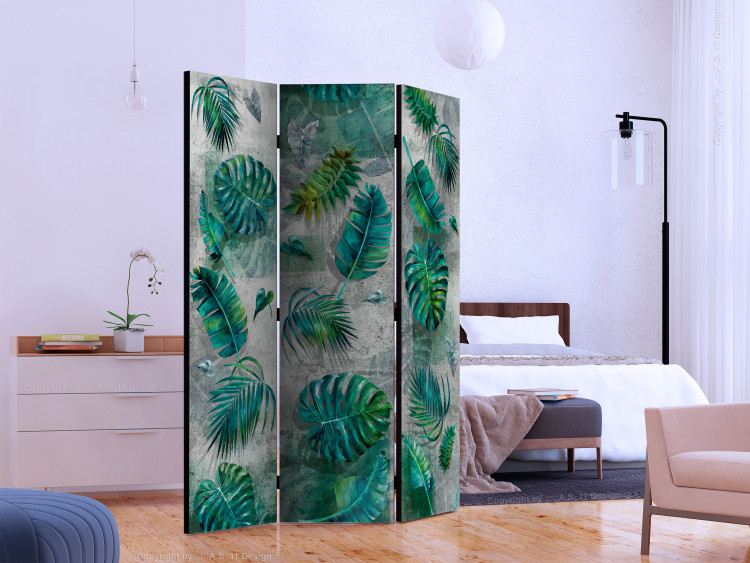 Folding Screen Modernist Jungle (3-piece) - green leaves on a gray background 134319 additionalImage 2
