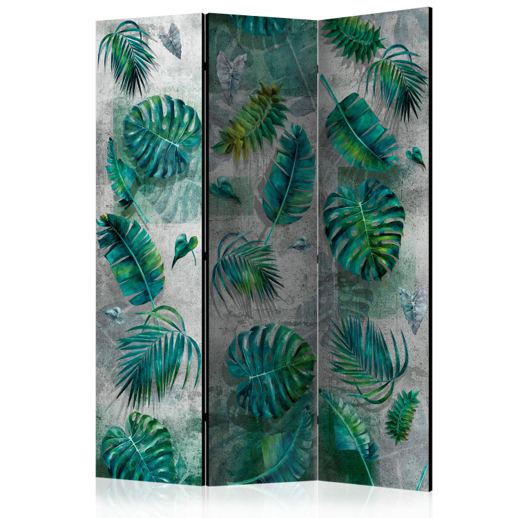 Folding Screen Modernist Jungle (3-piece) - green leaves on a gray background 134319