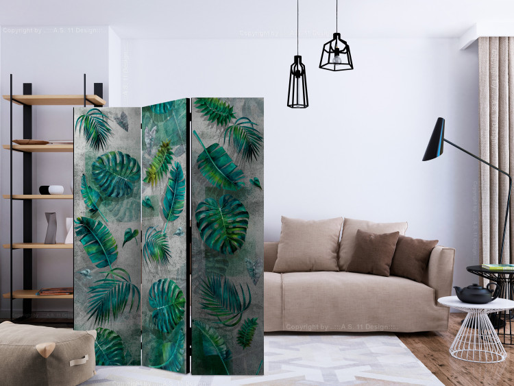 Folding Screen Modernist Jungle (3-piece) - green leaves on a gray background 134319 additionalImage 4