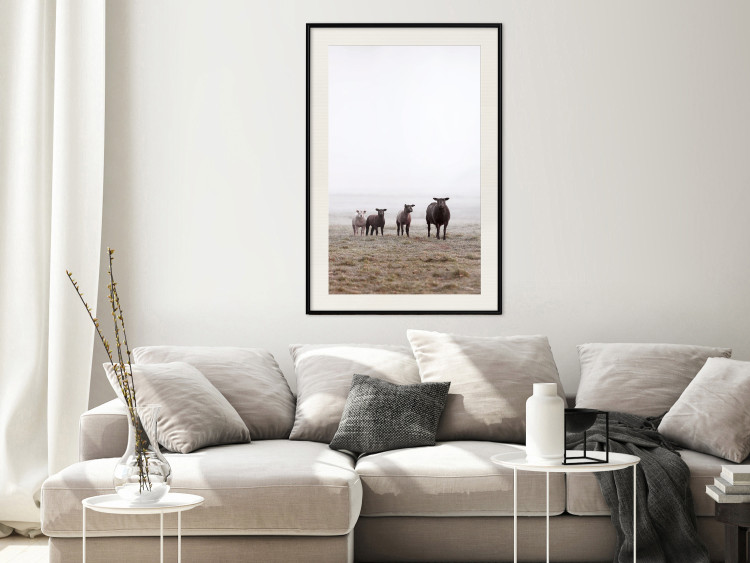 Poster Friends in the Morning - landscape of a field with animals against fog 137919 additionalImage 12