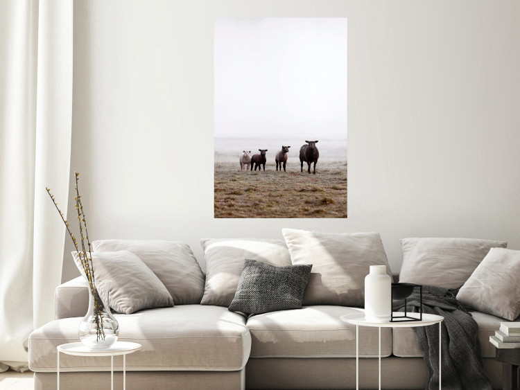 Poster Friends in the Morning - landscape of a field with animals against fog 137919 additionalImage 12