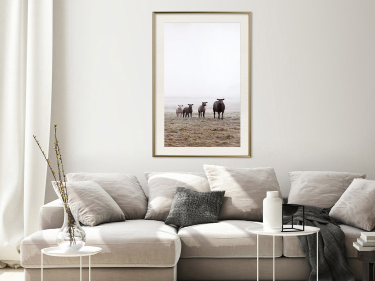 Poster Friends in the Morning - landscape of a field with animals against fog 137919 additionalImage 9