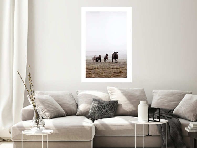 Poster Friends in the Morning - landscape of a field with animals against fog 137919 additionalImage 11
