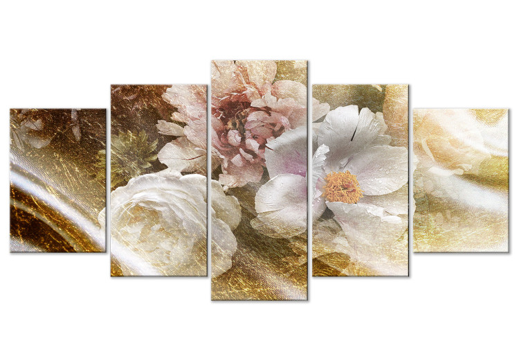 Canvas Print Peonies and Roses (5-piece) Wide - assorted flowers with a golden touch 143419