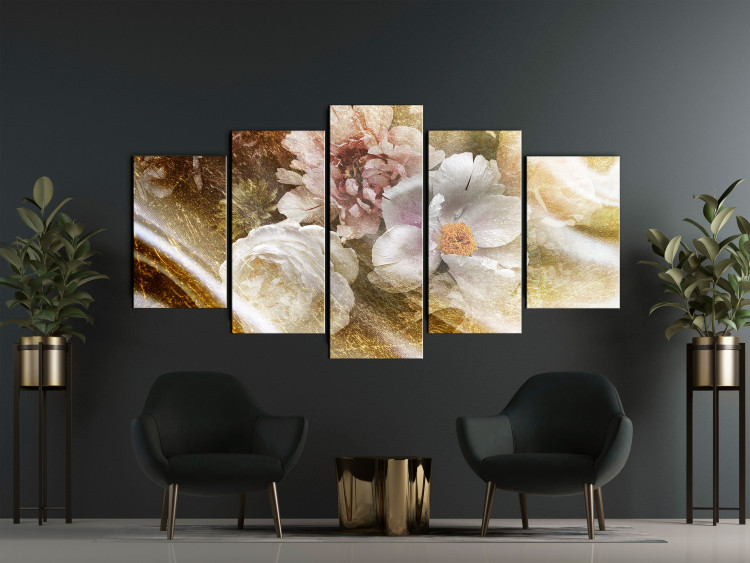 Canvas Print Peonies and Roses (5-piece) Wide - assorted flowers with a golden touch 143419 additionalImage 3