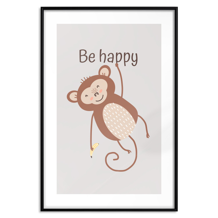 Wall Poster Be Happy - Funny Brown Monkey with Banana and Motivational Text for Kids 146619 additionalImage 2