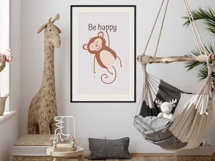 Wall Poster Be Happy - Funny Brown Monkey with Banana and Motivational Text for Kids 146619 additionalImage 27