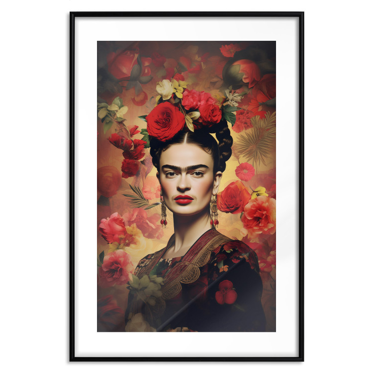 Poster Portrait With Roses - Frida Kahlo on a Brown Background Full of Flowers 152219 additionalImage 19