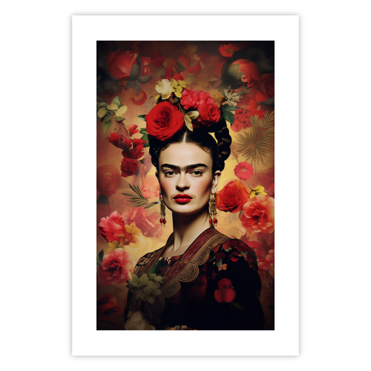 Poster Portrait With Roses - Frida Kahlo on a Brown Background Full of Flowers 152219 additionalImage 15