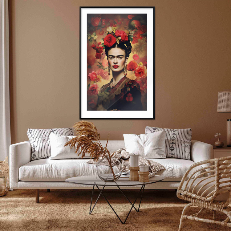 Poster Portrait With Roses - Frida Kahlo on a Brown Background Full of Flowers 152219 additionalImage 18