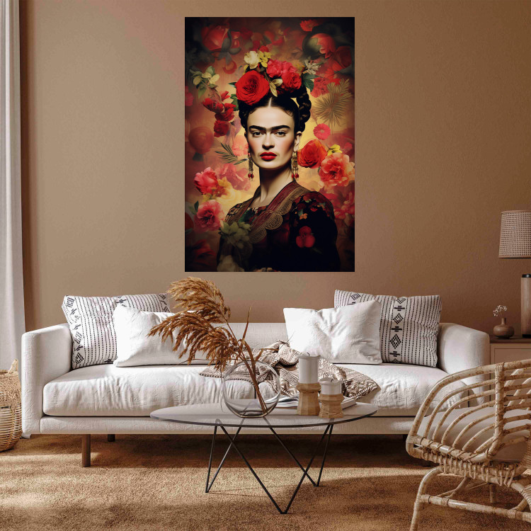 Poster Portrait With Roses - Frida Kahlo on a Brown Background Full of Flowers 152219 additionalImage 11