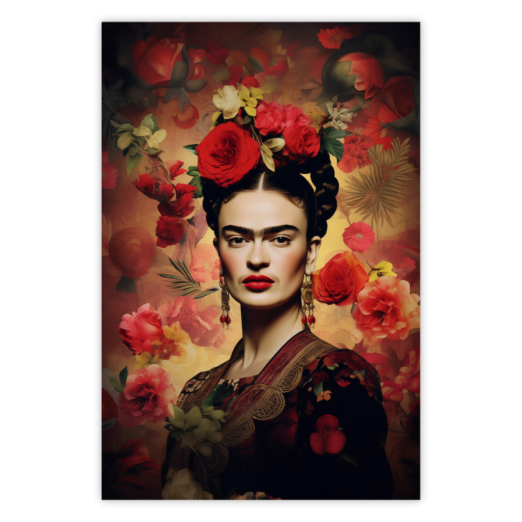 Poster Portrait With Roses - Frida Kahlo on a Brown Background Full of Flowers 152219