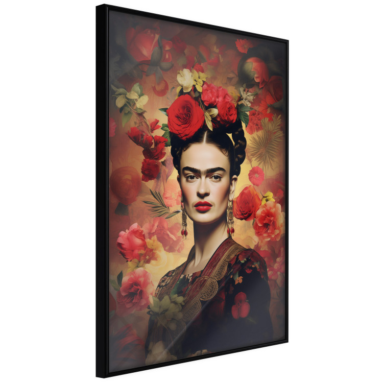 Poster Portrait With Roses - Frida Kahlo on a Brown Background Full of Flowers 152219 additionalImage 5