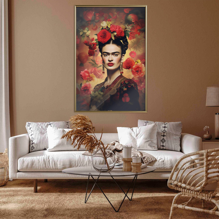 Poster Portrait With Roses - Frida Kahlo on a Brown Background Full of Flowers 152219 additionalImage 2