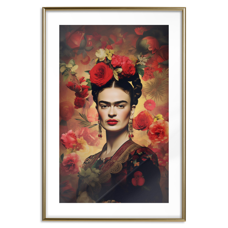 Poster Portrait With Roses - Frida Kahlo on a Brown Background Full of Flowers 152219 additionalImage 17
