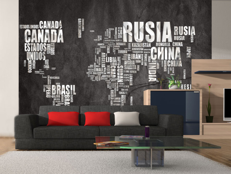 Photo Wallpaper Gray and Black Continents - World Map with Spanish Text 60019