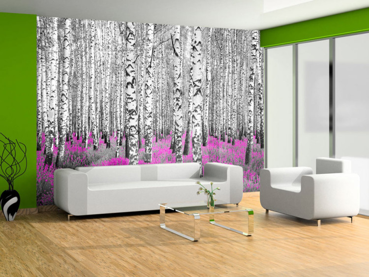 Photo Wallpaper Ruby Asylum - Abstract Forest Landscape with Birch Trees and an Accent 60519