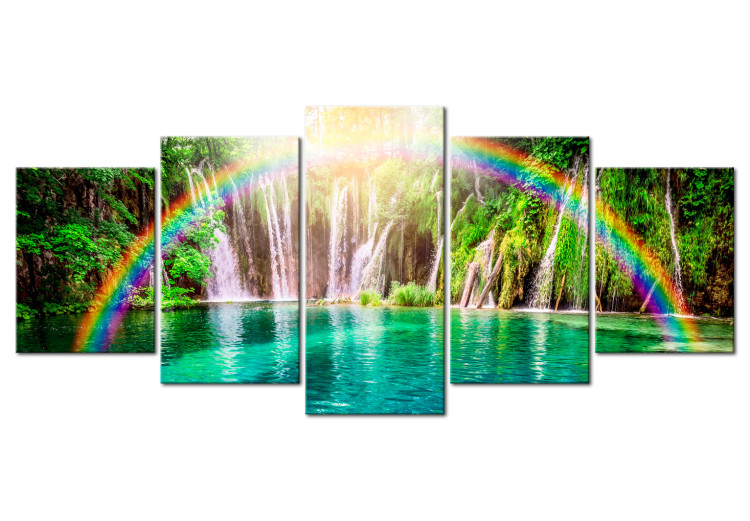 Canvas Rainbow Time (5-part) Wide - Colorful Rainbow over Waterfall 107229