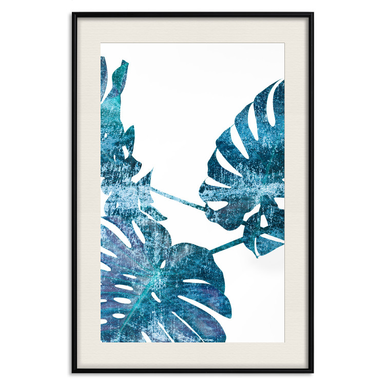 Poster Emerald Monstera - abstract blue leaves on a white background 122329 additionalImage 18