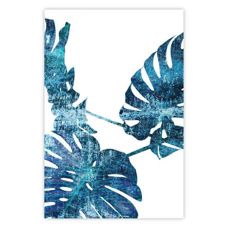 Poster Emerald Monstera - abstract blue leaves on a white background 122329
