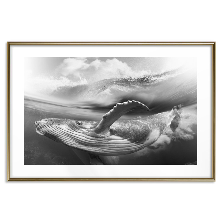Wall Poster Black and White Whale - maritime landscape with a whale against waves 126829 additionalImage 16