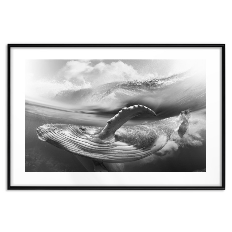 Wall Poster Black and White Whale - maritime landscape with a whale against waves 126829 additionalImage 17